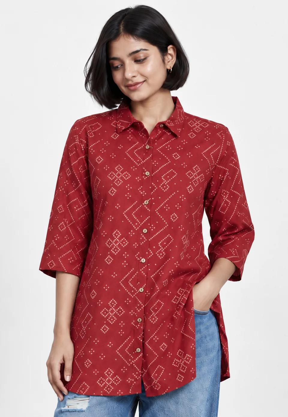 Bandhani Print Shirt-Style Kurti