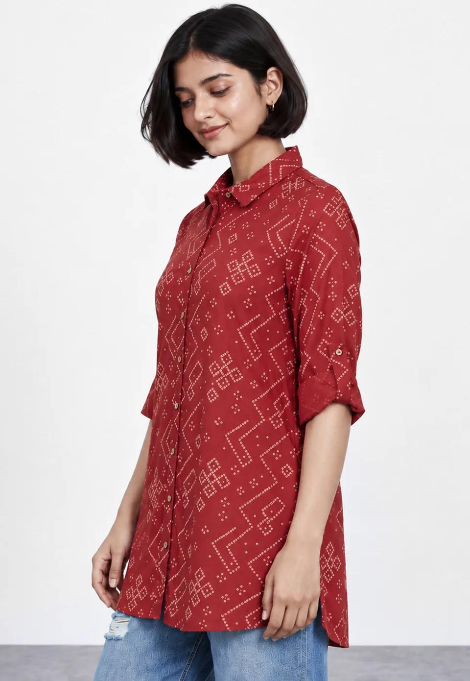 Bandhani Print Shirt-Style Kurti