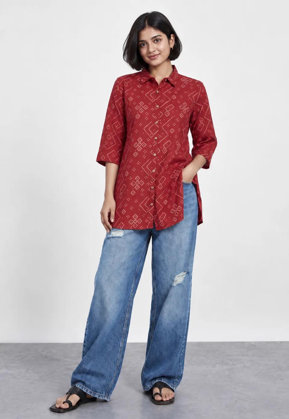 Bandhani Print Shirt-Style Kurti