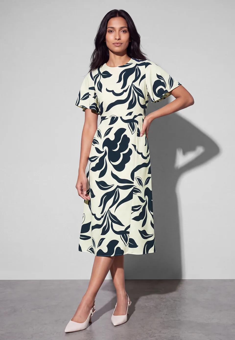 Floral Flutter-Sleeve Midi Dress
