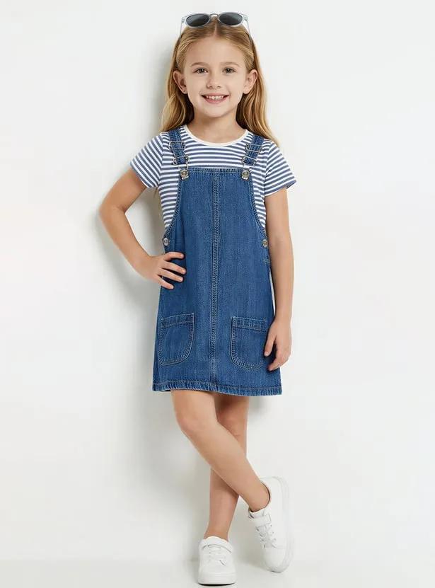 Girls Denim Pinafore Dress with T-shirt