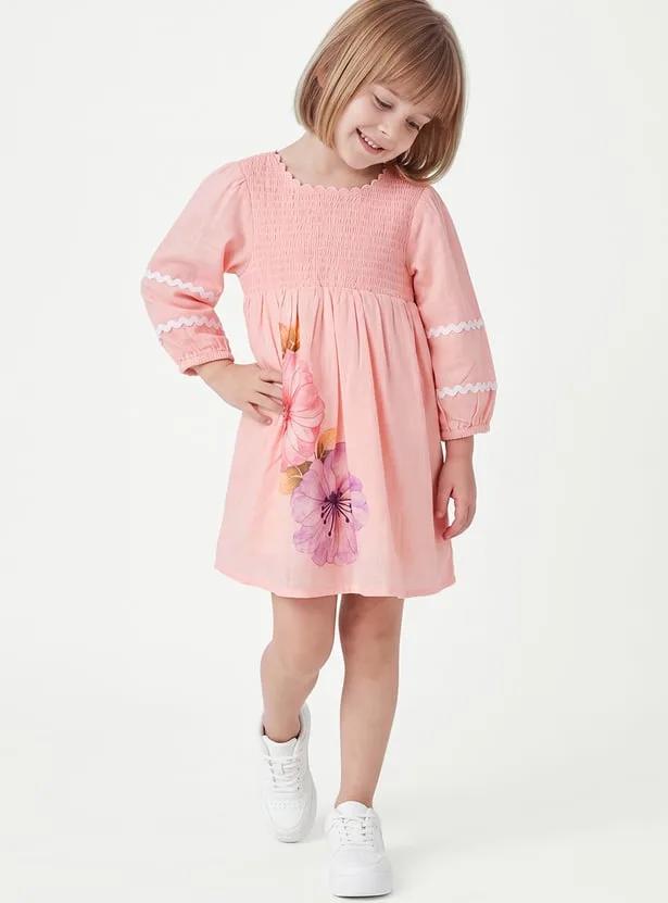 Girls Floral Print Smocked Dress