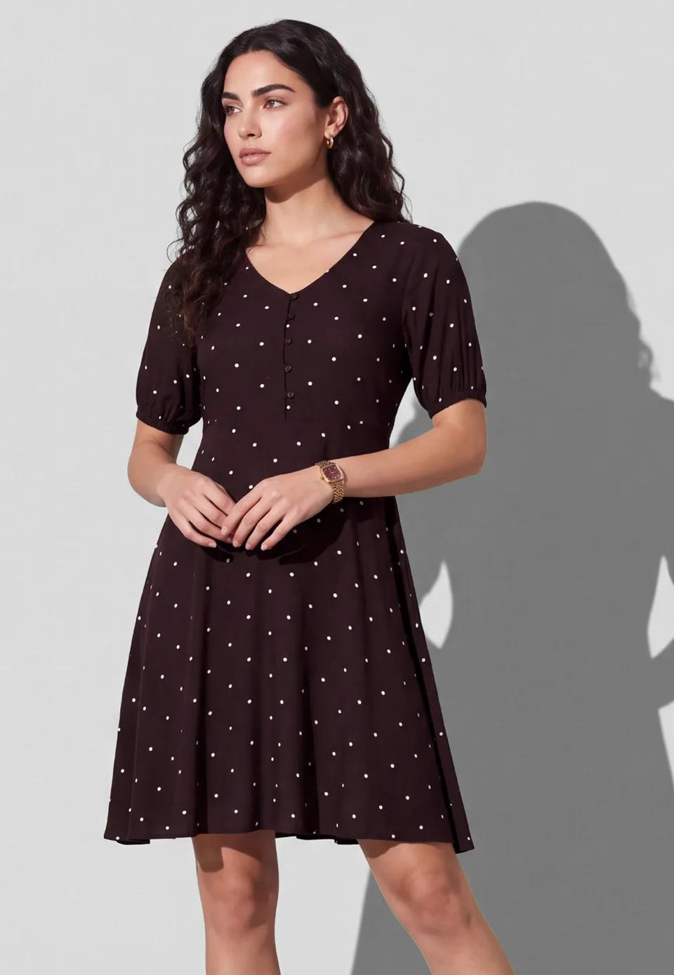 Polka-Dot Buttoned A-Line Dress