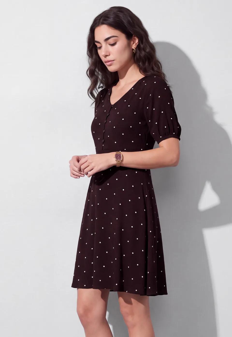 Polka-Dot Buttoned A-Line Dress
