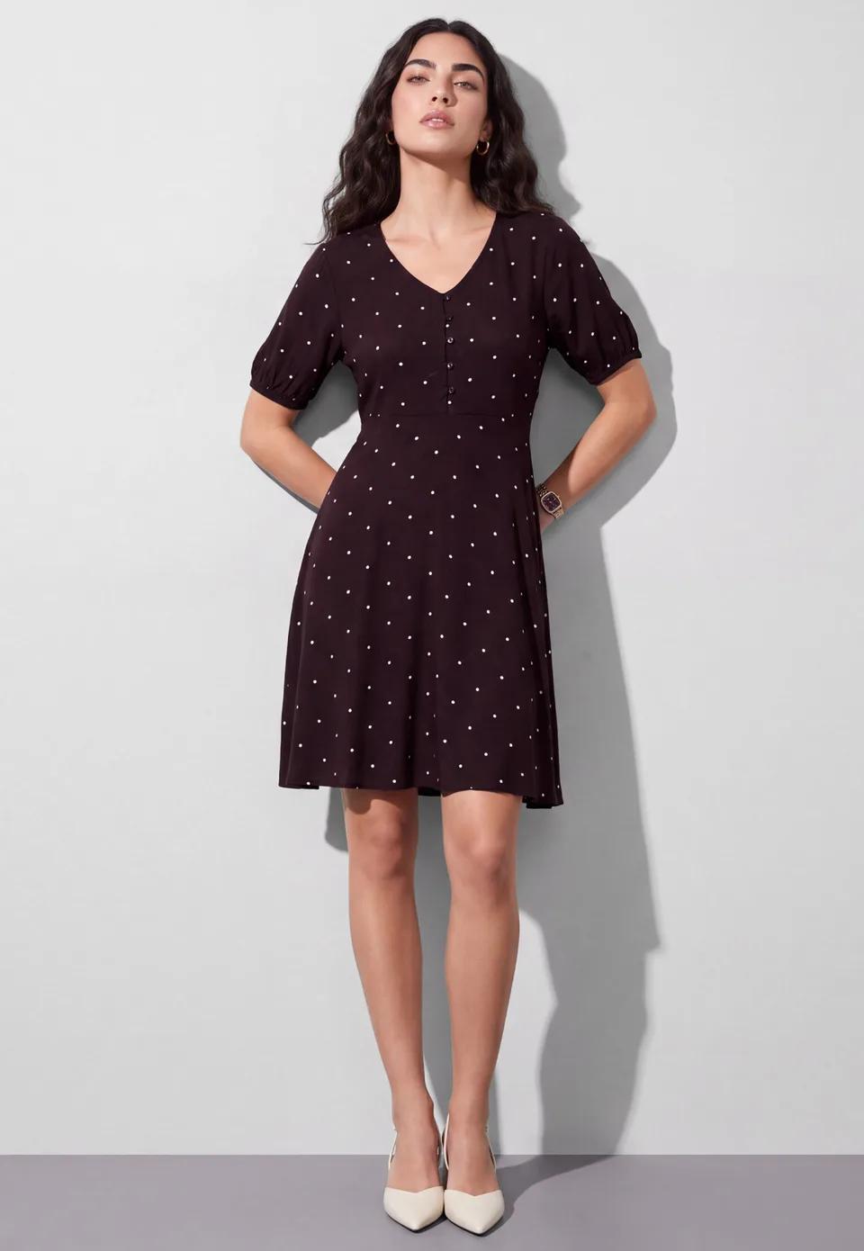 Polka-Dot Buttoned A-Line Dress