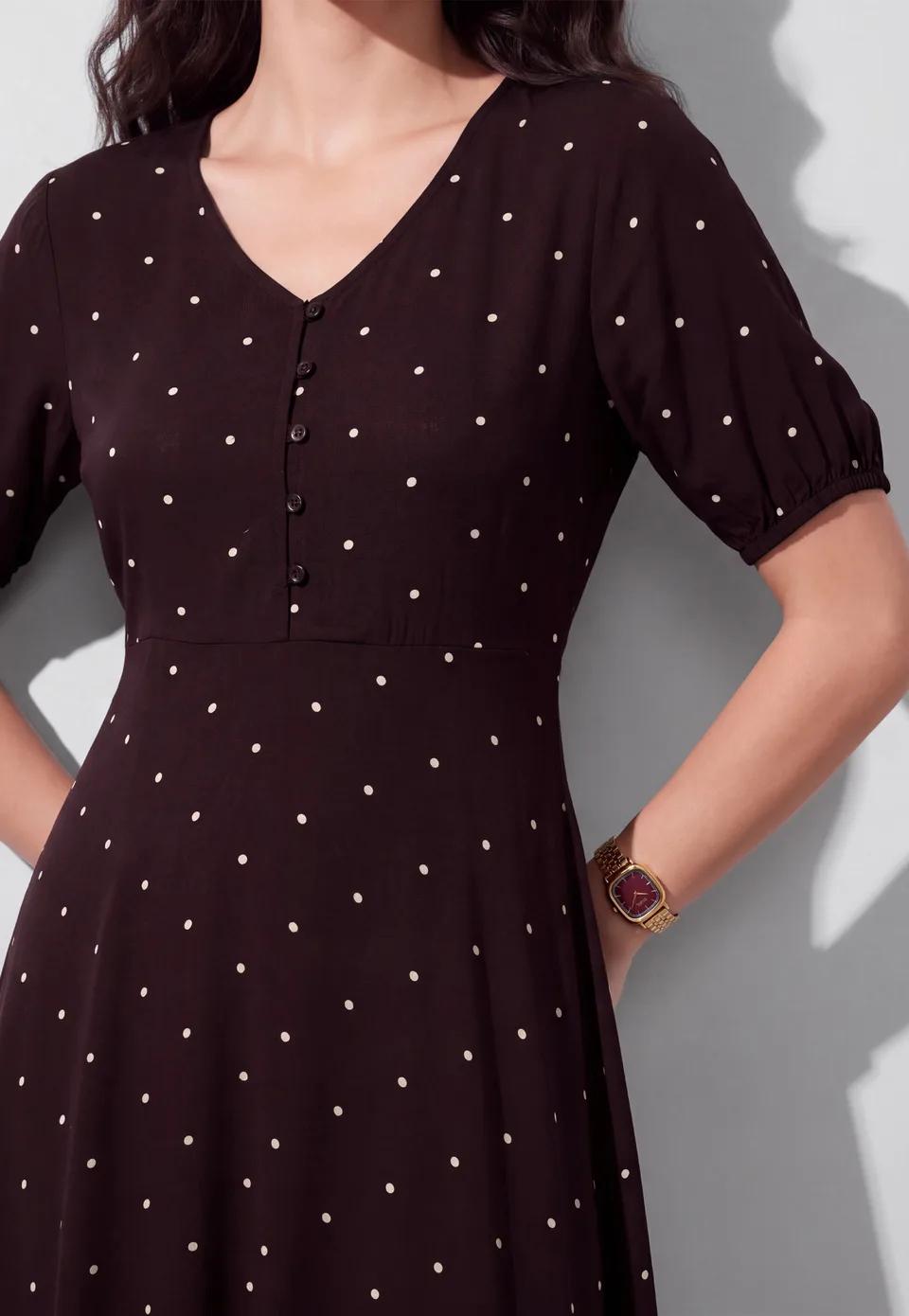 Polka-Dot Buttoned A-Line Dress