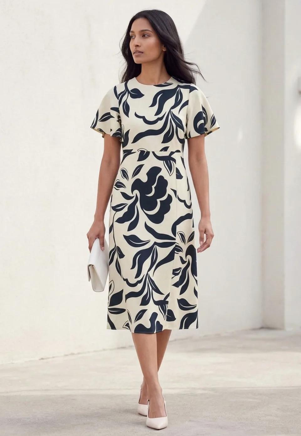 Floral Flutter-Sleeve Midi Dress